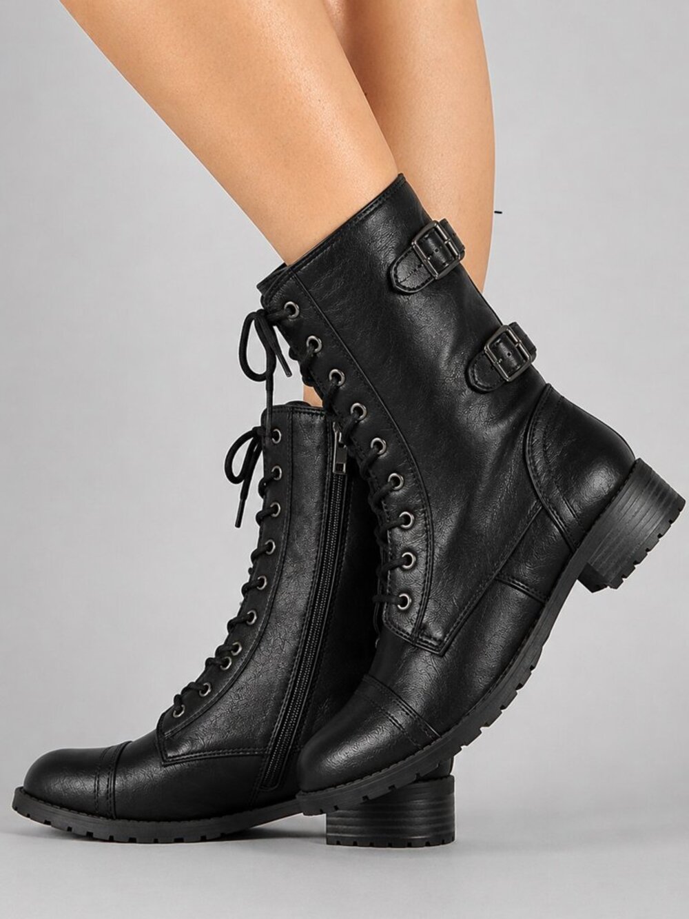 New Black Faux Leather Buckle Combat Moto Ankle Boot Booties Lug Sole Block Heel